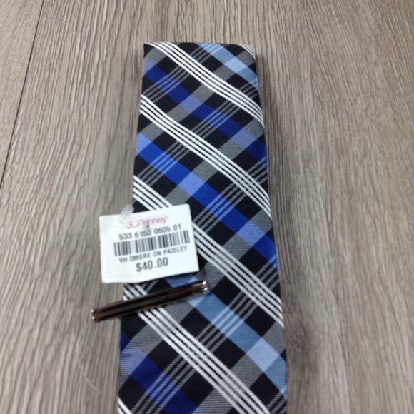 JF J. Ferrar Blue Plaid w Clip Narrow Tie - Picture 2 of 3